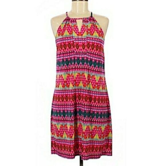Laundry by Design Retro 70's Glam Bright Halter Keyhole Cutout Shift Dress Sz  M - Picture 2 of 10